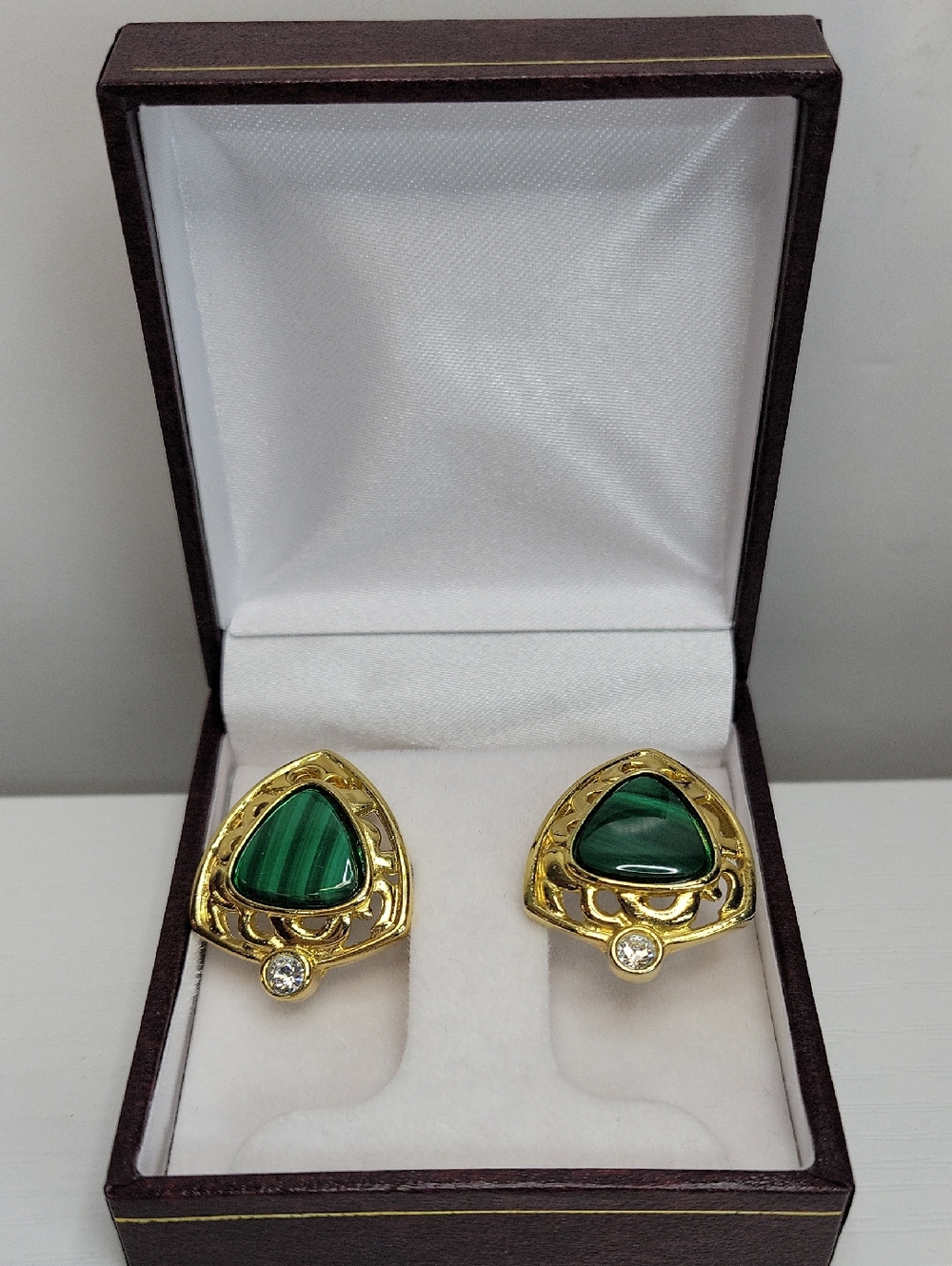 Vintage JBK Camrose & Kross Malachite Drop Earrings with Crystal Accent